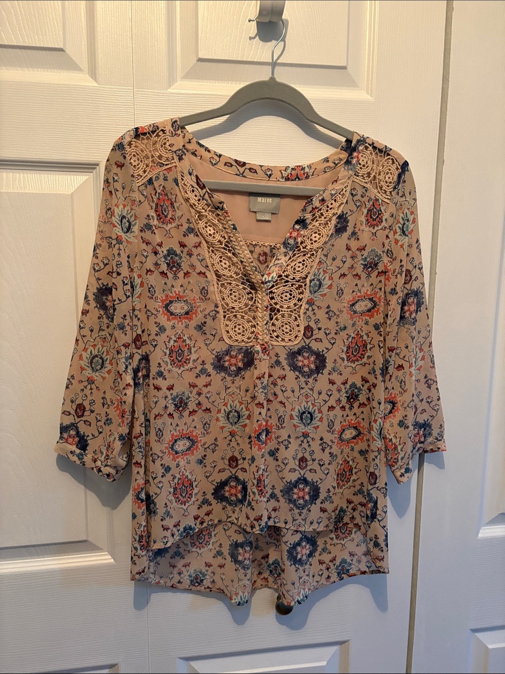 Anthropologie Beige Floral Crochet-Trim Tunic with Blue & Coral Accents